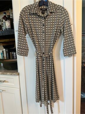 Express Black and Cream Printed Midi Shirt Dress